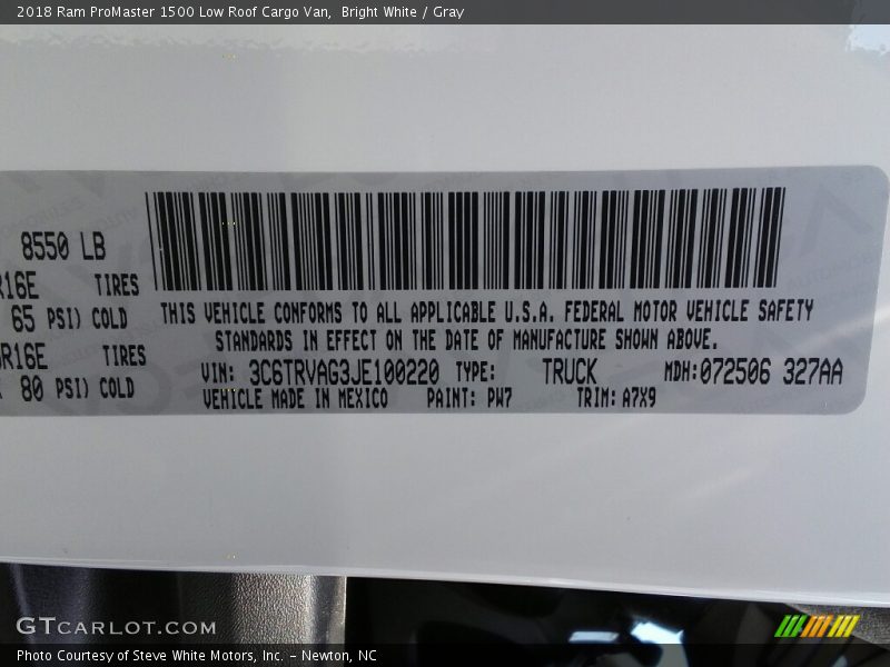 2018 ProMaster 1500 Low Roof Cargo Van Bright White Color Code PW7