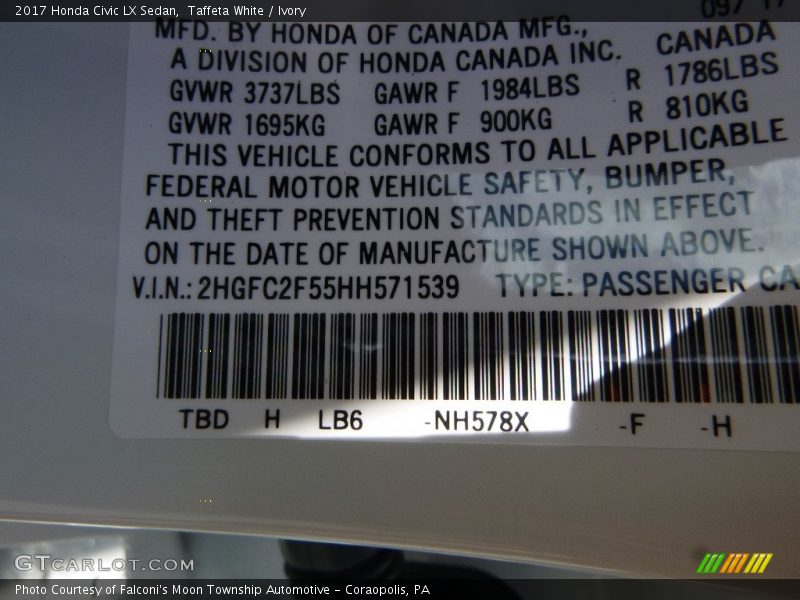Taffeta White / Ivory 2017 Honda Civic LX Sedan
