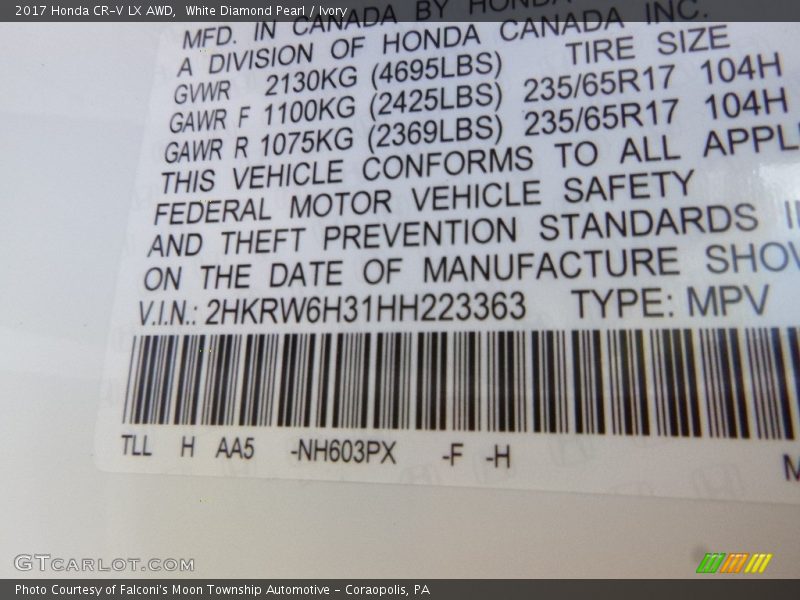 White Diamond Pearl / Ivory 2017 Honda CR-V LX AWD
