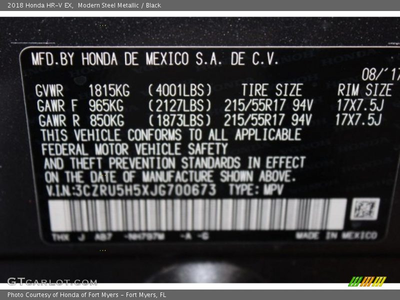 Modern Steel Metallic / Black 2018 Honda HR-V EX