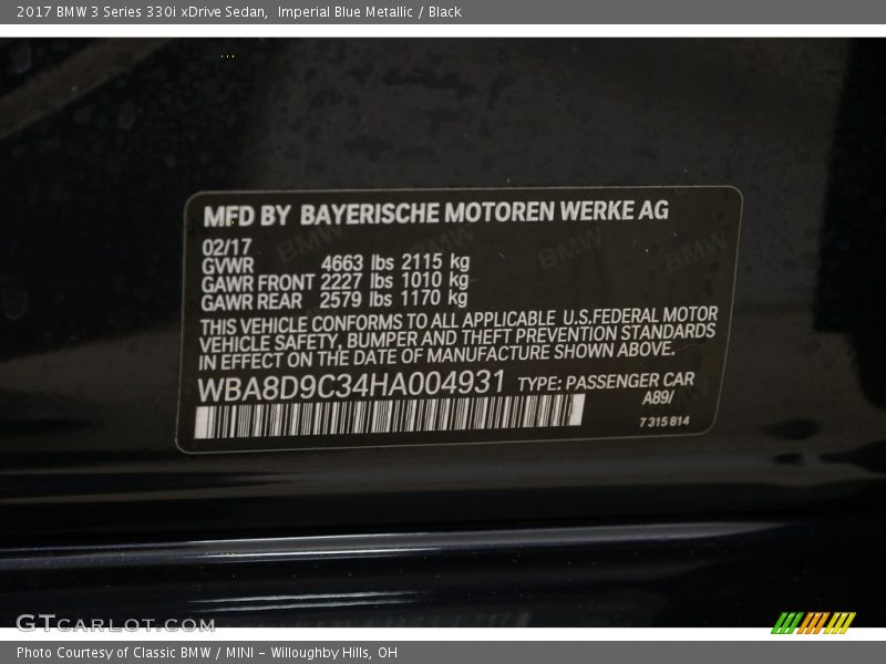 2017 3 Series 330i xDrive Sedan Imperial Blue Metallic Color Code A89