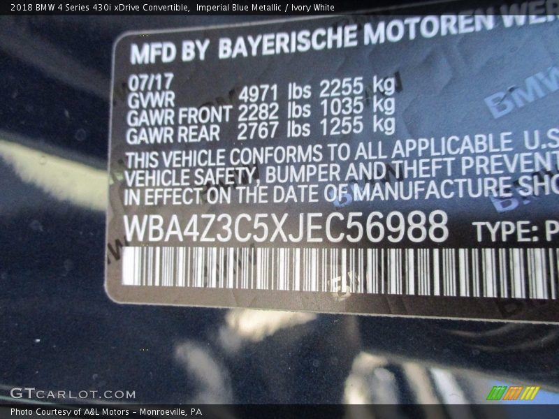 Imperial Blue Metallic / Ivory White 2018 BMW 4 Series 430i xDrive Convertible