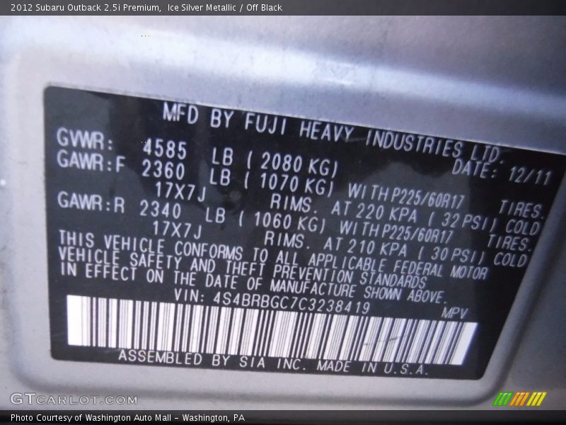 Ice Silver Metallic / Off Black 2012 Subaru Outback 2.5i Premium