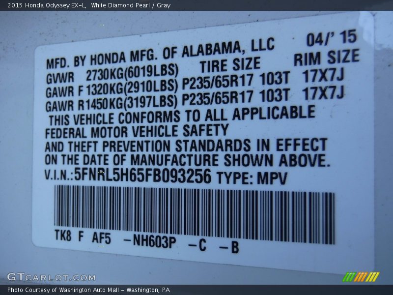 White Diamond Pearl / Gray 2015 Honda Odyssey EX-L