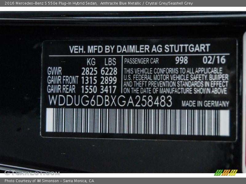 Anthracite Blue Metallic / Crystal Grey/Seashell Grey 2016 Mercedes-Benz S 550e Plug-In Hybrid Sedan