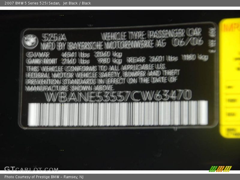 Jet Black / Black 2007 BMW 5 Series 525i Sedan