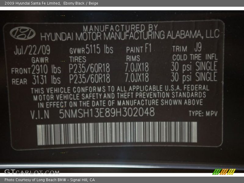 Ebony Black / Beige 2009 Hyundai Santa Fe Limited