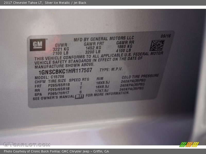Silver Ice Metallic / Jet Black 2017 Chevrolet Tahoe LT