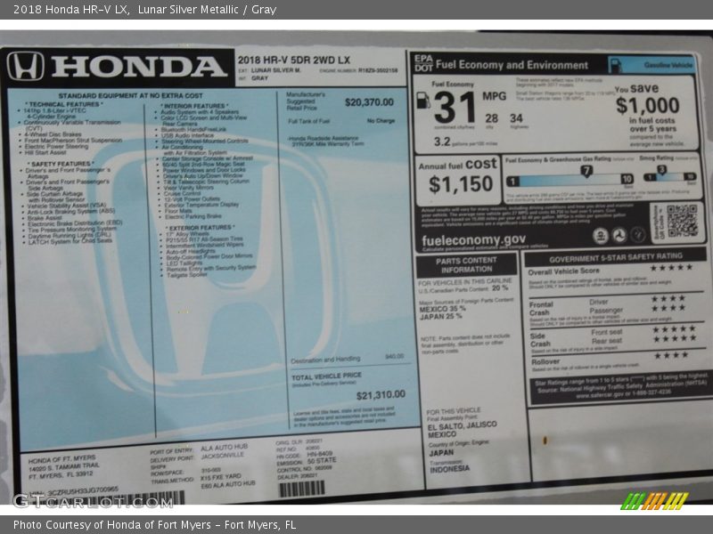 Lunar Silver Metallic / Gray 2018 Honda HR-V LX