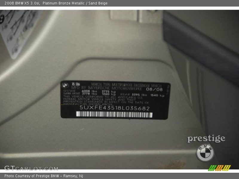 Platinum Bronze Metallic / Sand Beige 2008 BMW X5 3.0si