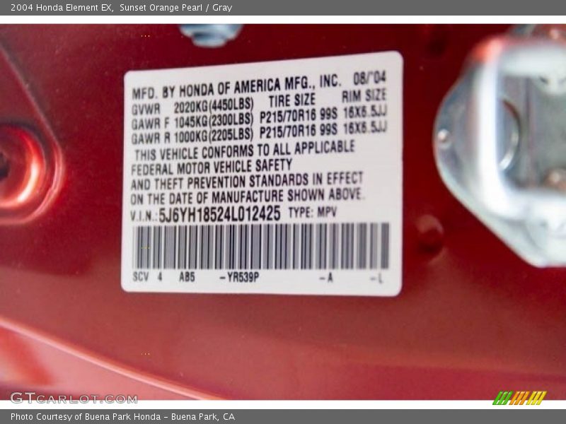 Sunset Orange Pearl / Gray 2004 Honda Element EX