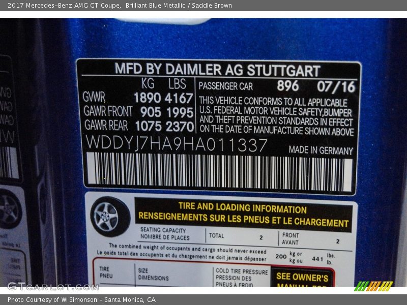 2017 AMG GT Coupe Brilliant Blue Metallic Color Code 896