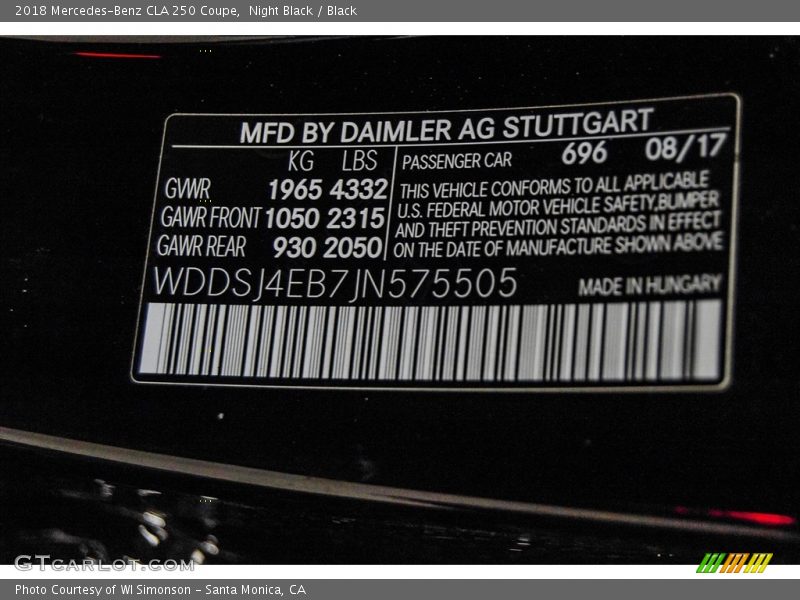 Night Black / Black 2018 Mercedes-Benz CLA 250 Coupe