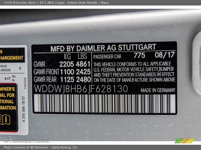 2018 C 63 S AMG Coupe Iridium Silver Metallic Color Code 775
