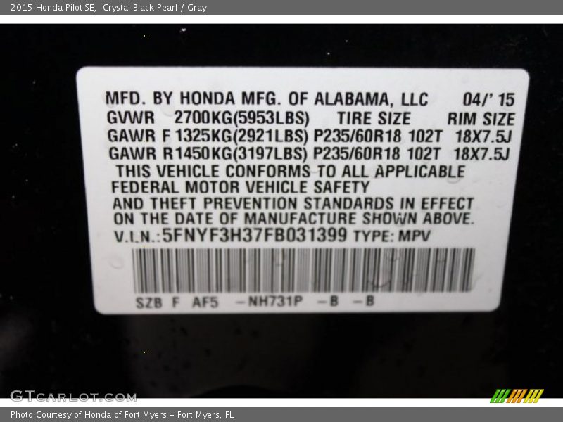 Crystal Black Pearl / Gray 2015 Honda Pilot SE