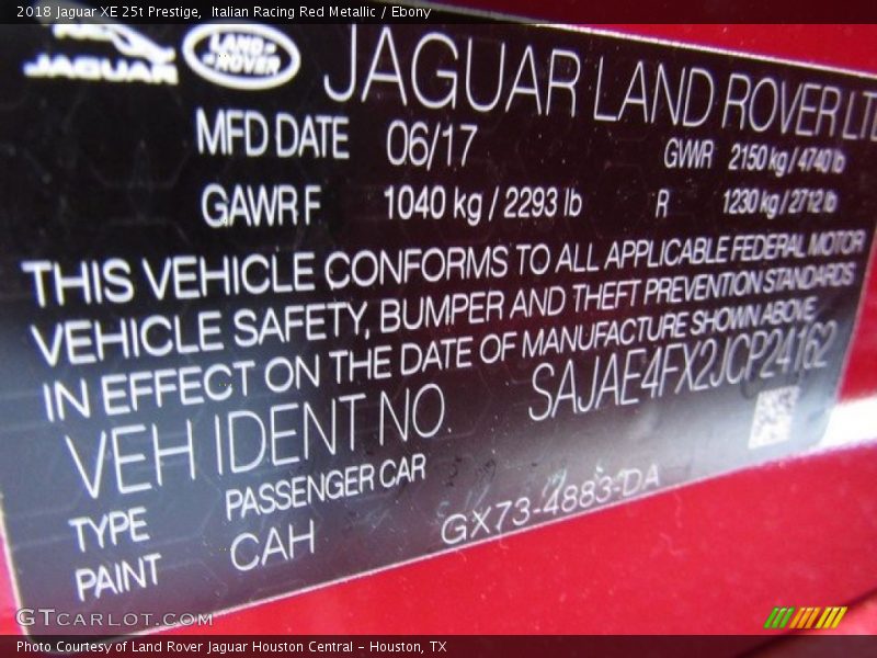 2018 XE 25t Prestige Italian Racing Red Metallic Color Code CAH