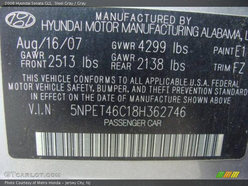Steel Gray / Gray 2008 Hyundai Sonata GLS