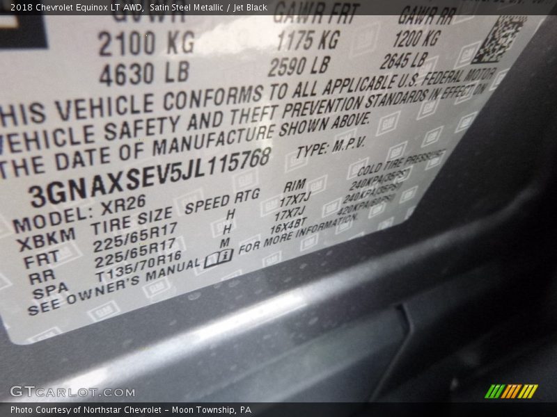 Satin Steel Metallic / Jet Black 2018 Chevrolet Equinox LT AWD