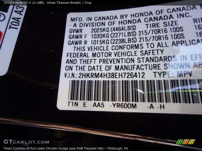 Urban Titanium Metallic / Gray 2014 Honda CR-V LX AWD