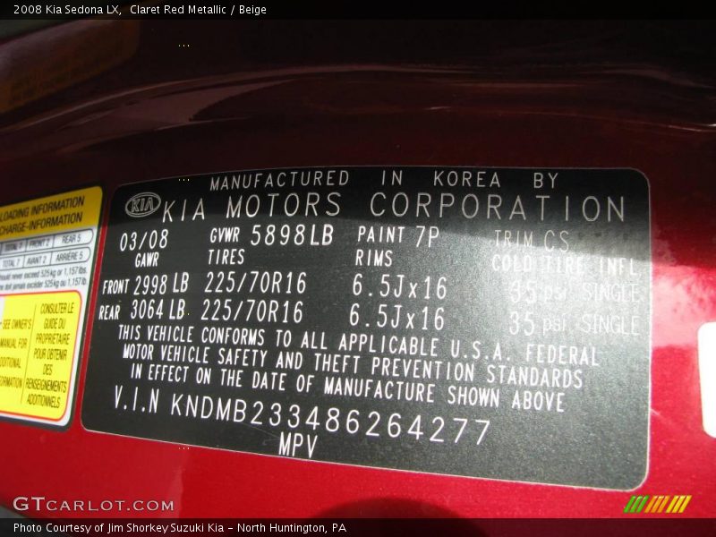 Claret Red Metallic / Beige 2008 Kia Sedona LX