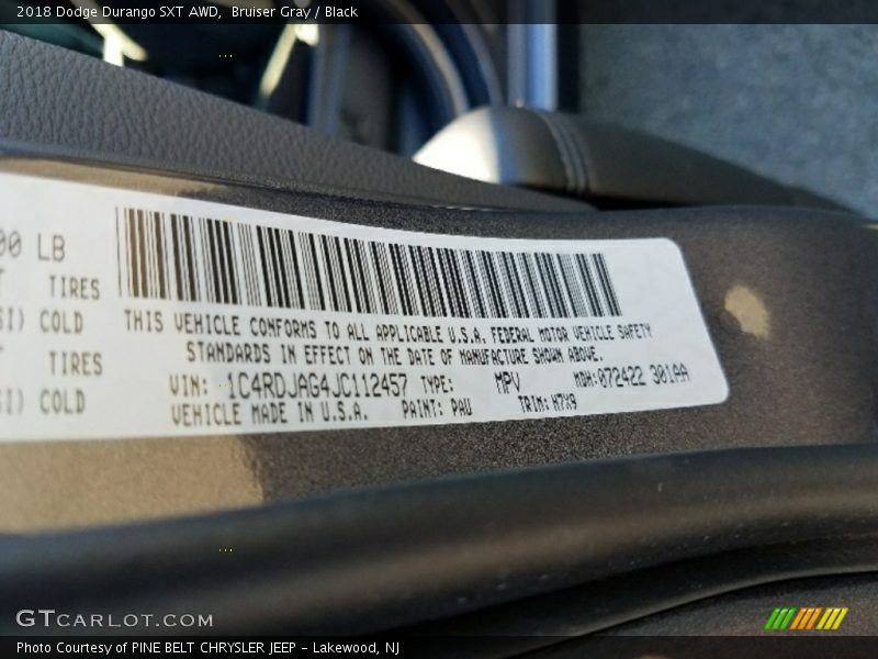 Bruiser Gray / Black 2018 Dodge Durango SXT AWD