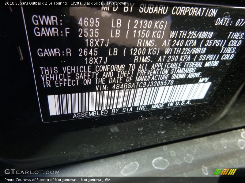 Crystal Black Silica / Java Brown 2018 Subaru Outback 2.5i Touring