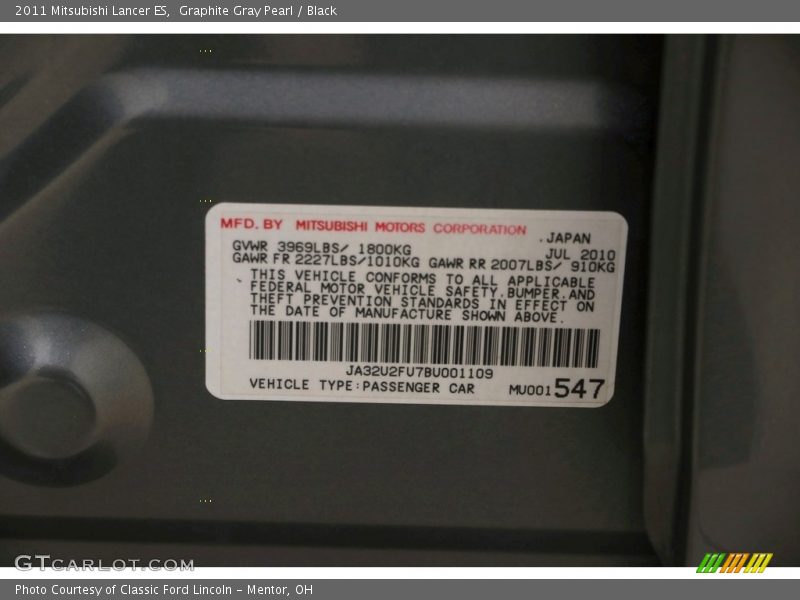 Graphite Gray Pearl / Black 2011 Mitsubishi Lancer ES