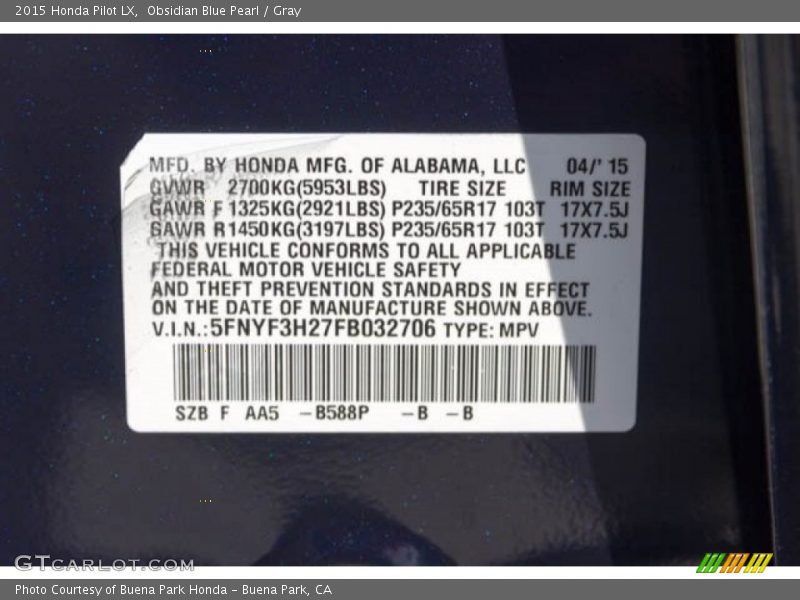 Obsidian Blue Pearl / Gray 2015 Honda Pilot LX