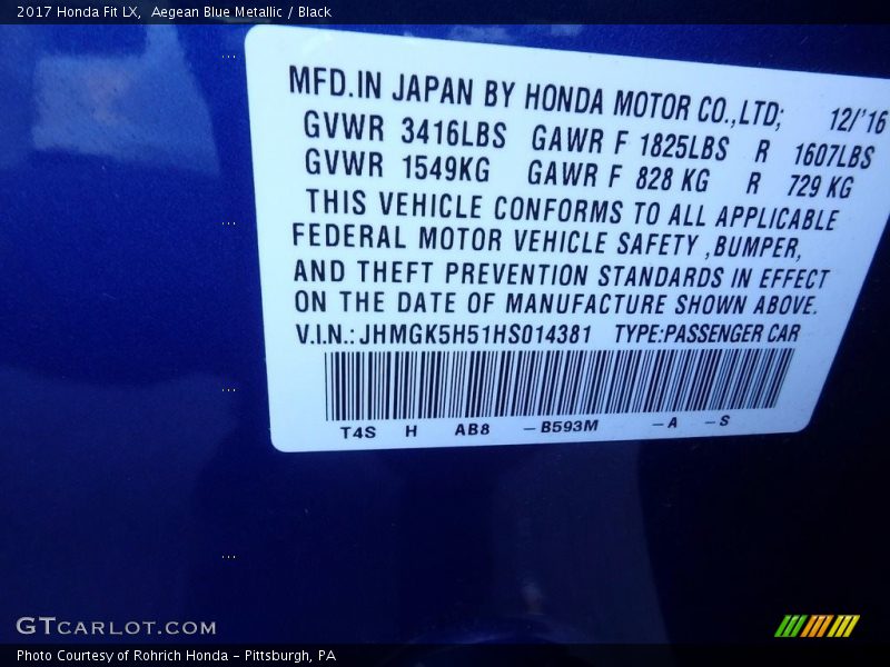 Aegean Blue Metallic / Black 2017 Honda Fit LX