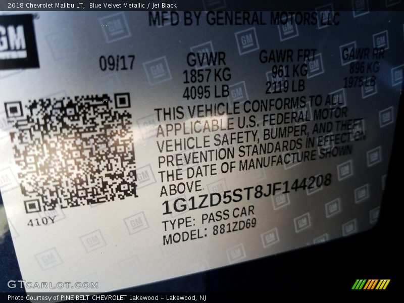 Blue Velvet Metallic / Jet Black 2018 Chevrolet Malibu LT