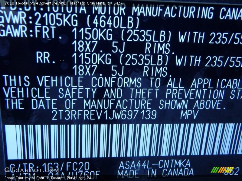 Magnetic Gray Metallic / Black 2018 Toyota RAV4 Adventure AWD