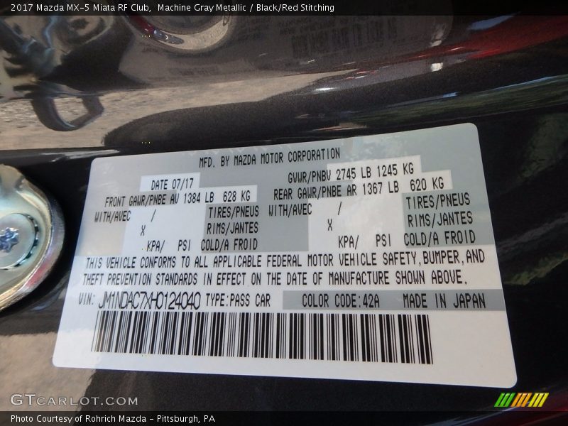 Machine Gray Metallic / Black/Red Stitching 2017 Mazda MX-5 Miata RF Club