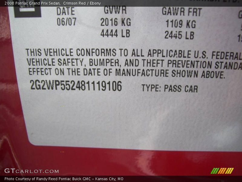 Crimson Red / Ebony 2008 Pontiac Grand Prix Sedan
