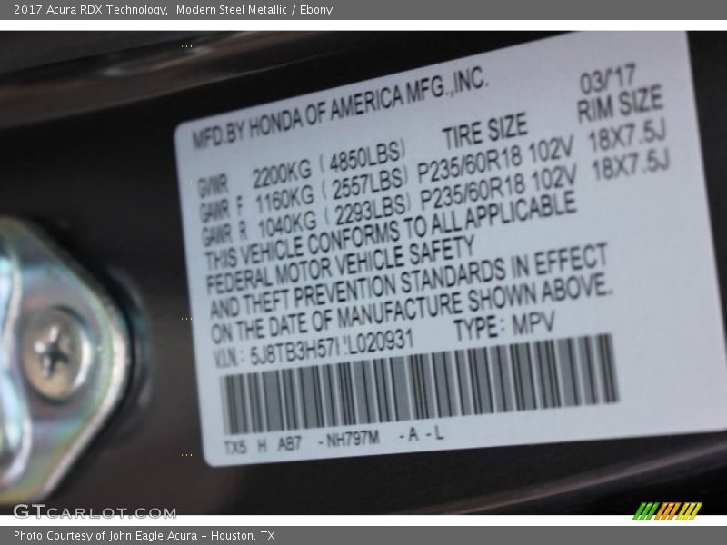 Modern Steel Metallic / Ebony 2017 Acura RDX Technology