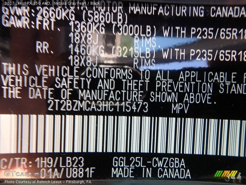Nebula Gray Pearl / Black 2017 Lexus RX 350 AWD