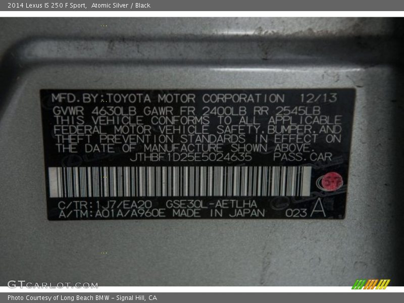 Atomic Silver / Black 2014 Lexus IS 250 F Sport