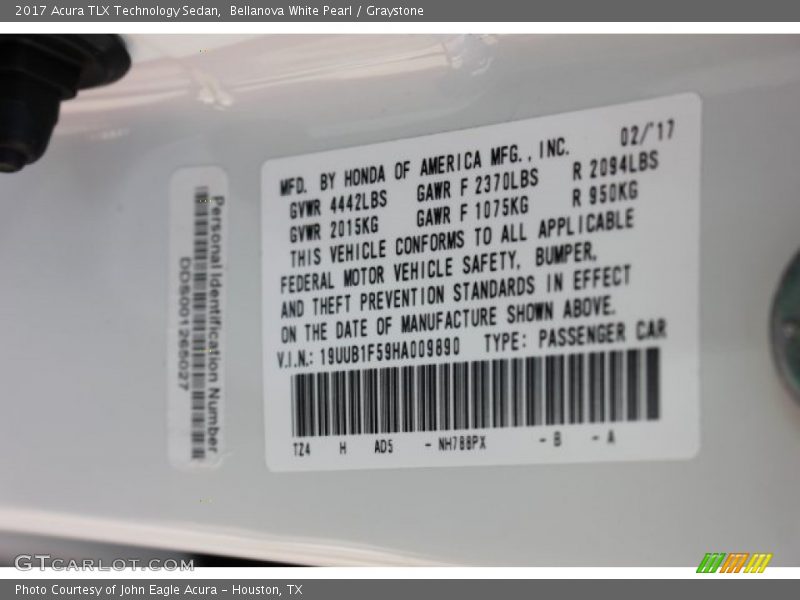 Bellanova White Pearl / Graystone 2017 Acura TLX Technology Sedan