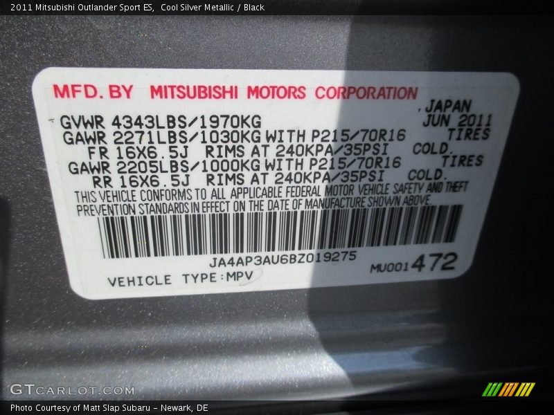 Cool Silver Metallic / Black 2011 Mitsubishi Outlander Sport ES