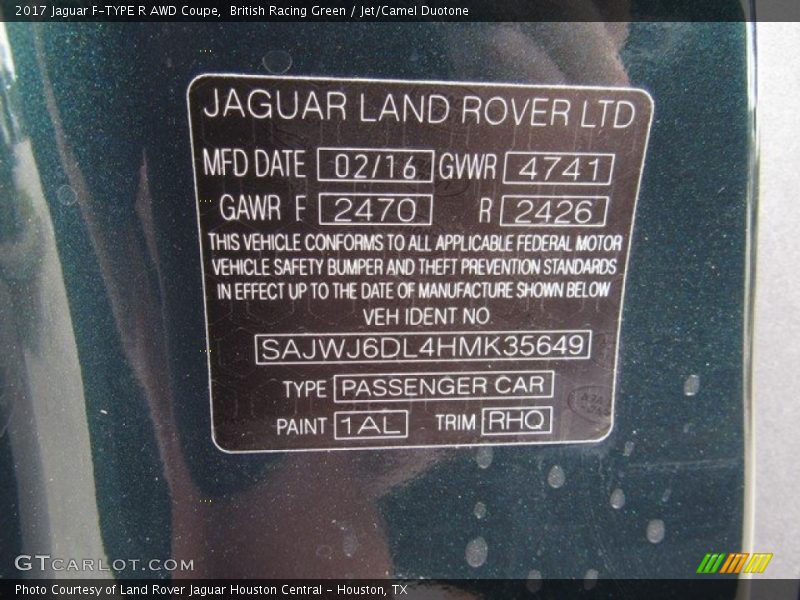2017 F-TYPE R AWD Coupe British Racing Green Color Code 1AL