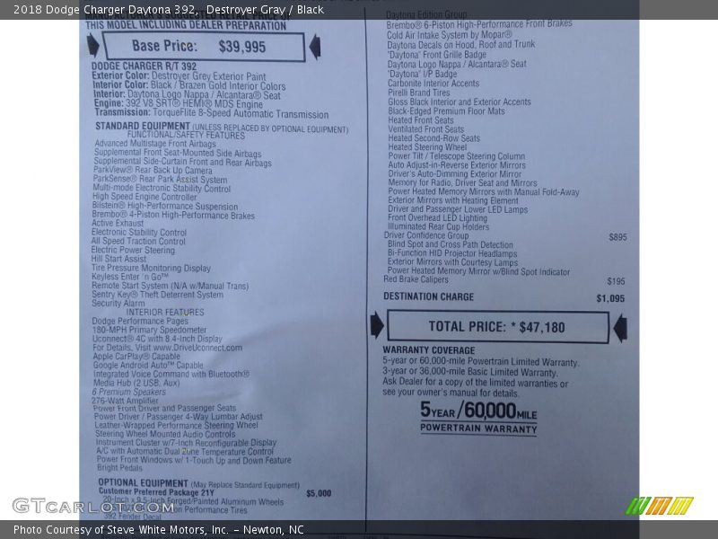Destroyer Gray / Black 2018 Dodge Charger Daytona 392