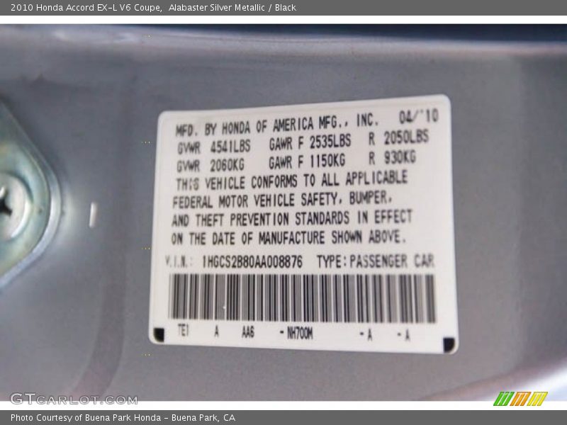 Alabaster Silver Metallic / Black 2010 Honda Accord EX-L V6 Coupe