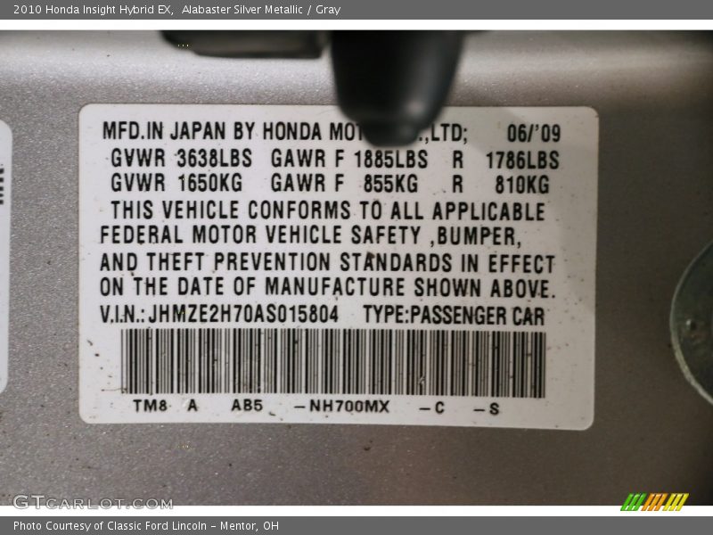 Alabaster Silver Metallic / Gray 2010 Honda Insight Hybrid EX