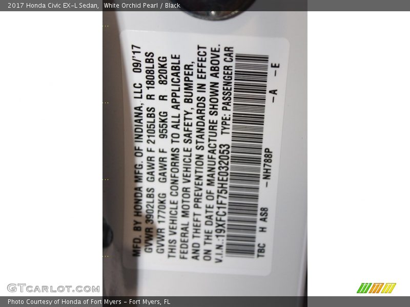 White Orchid Pearl / Black 2017 Honda Civic EX-L Sedan