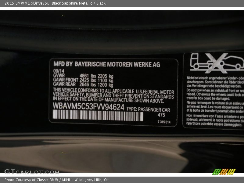 Black Sapphire Metallic / Black 2015 BMW X1 xDrive35i