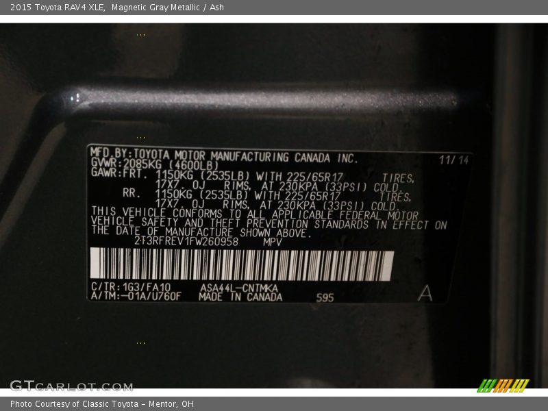 Magnetic Gray Metallic / Ash 2015 Toyota RAV4 XLE