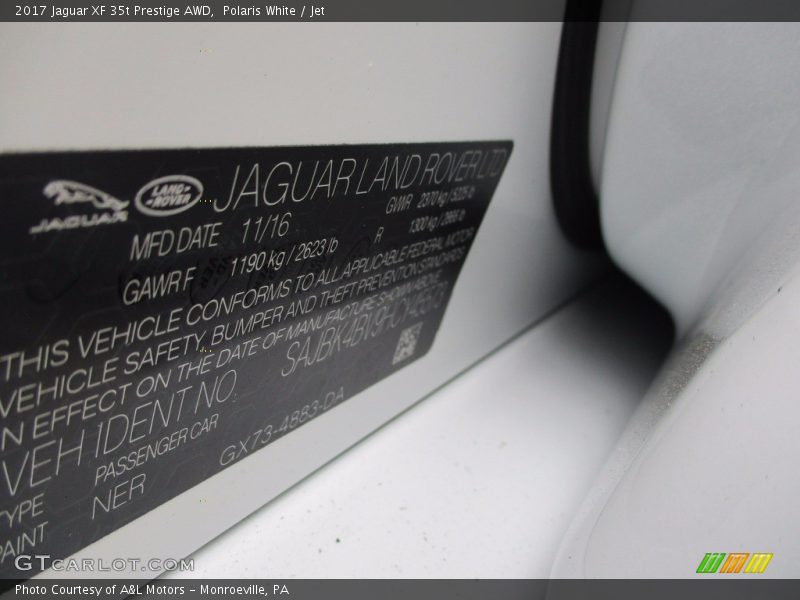Polaris White / Jet 2017 Jaguar XF 35t Prestige AWD