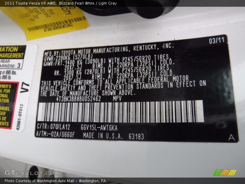 Blizzard Pearl White / Light Gray 2011 Toyota Venza V6 AWD