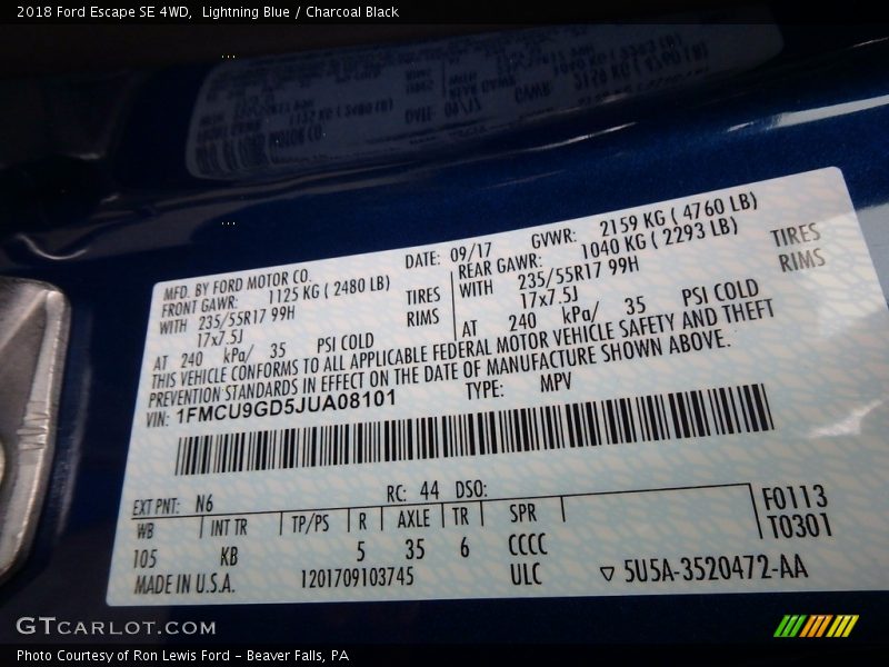 2018 Escape SE 4WD Lightning Blue Color Code N6