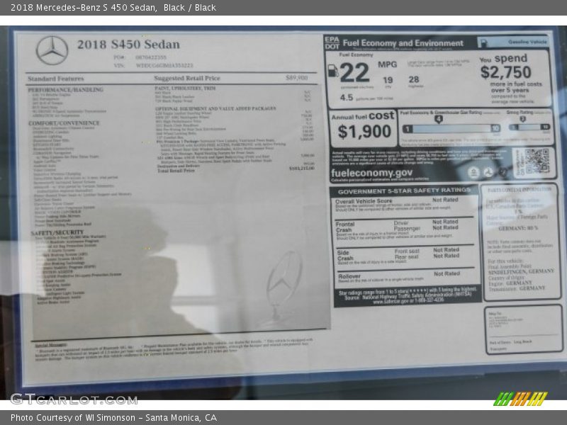  2018 S 450 Sedan Window Sticker
