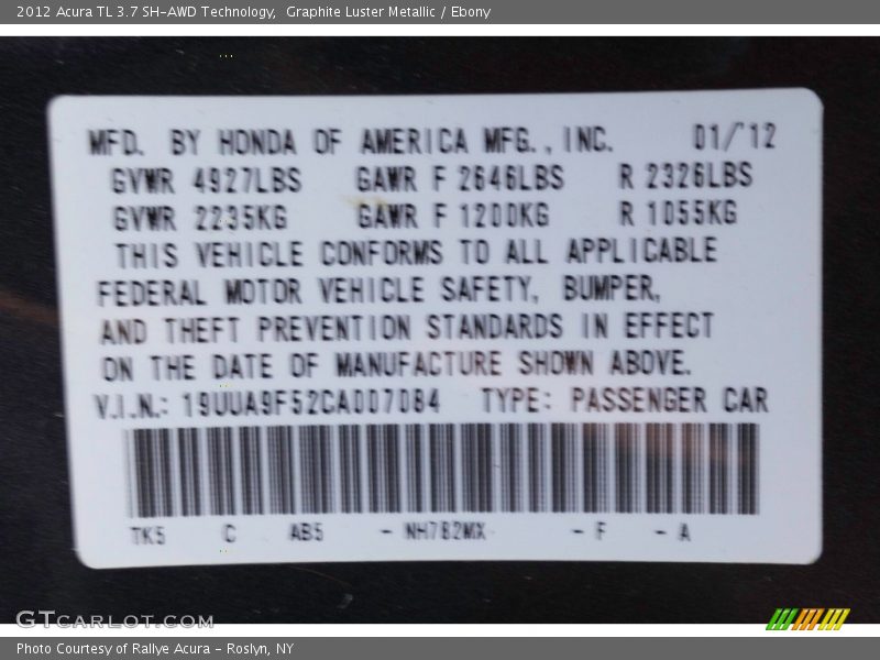 Graphite Luster Metallic / Ebony 2012 Acura TL 3.7 SH-AWD Technology